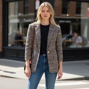 Vintage Womens Colorful Tweed Gold Blazer Small Jacket Metallic Stripe Retro 80s